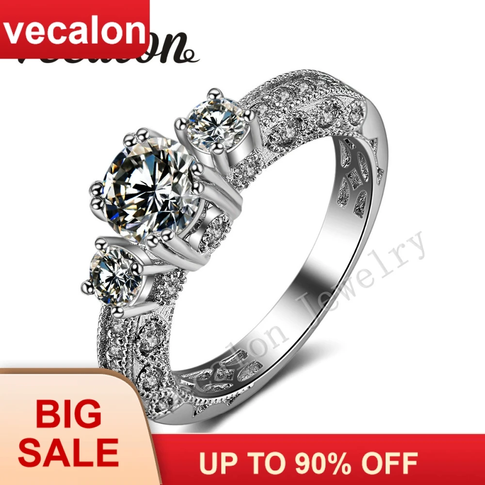 

Vecalon Antique Jewelry Three-stone AAAAA Zircon Cz 14KT White Gold Filled Engagement Wedding band Ring for Women Sz 5-11