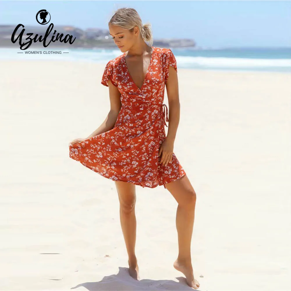 ZAFUL Летнее Платье Женщинские V образным Вырезом с Цветочным Принтом Wrap Dress A силует