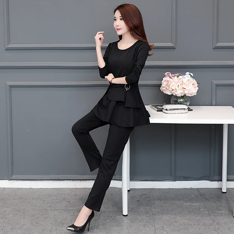 

2019 spring new large size ladies' loose Korean fashion suit long-sleeved top slim pants women two-piece suit plus size L-5XL