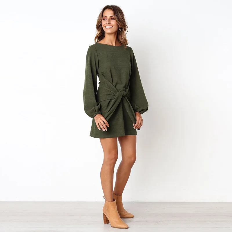 2019 Spring Summer Dress Fashion Women Casual Loose Elegant Long Sleeve O-Neck Sexy Black White With Belt Vestidos | Женская одежда