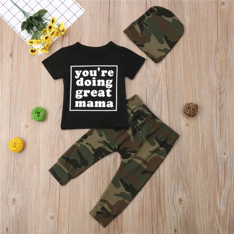 3PCS Baby Boy Girl Camo Clothes Set Summer Black Letter Printed T-Shirt Tops+Camouflage Long Pants Infant Kids Outfits 6M-3Y |