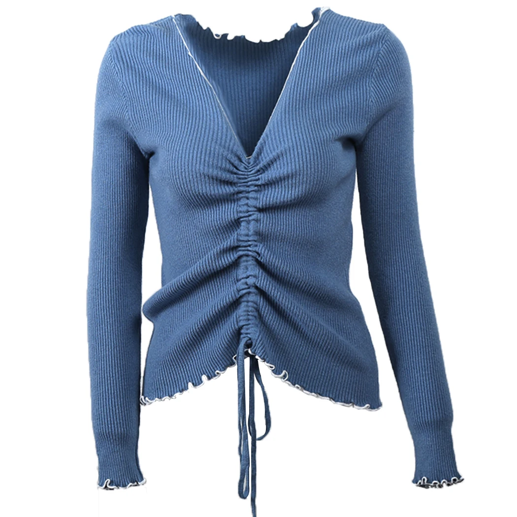 2018 New Fashion Knit Sweater Women V Neck Sweaters And Pullovers Long Sleeve Korean Style Drawstring Tops Jumper Truien Dames | Женская