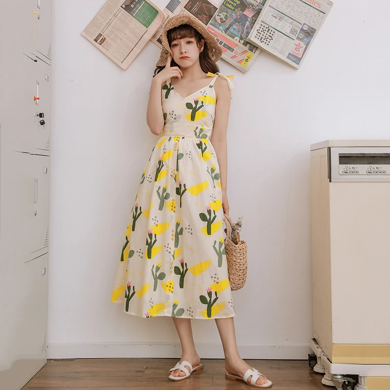 Элегантный дизайн желтый Цветочный принт летнее платье Для женщин без рукавов