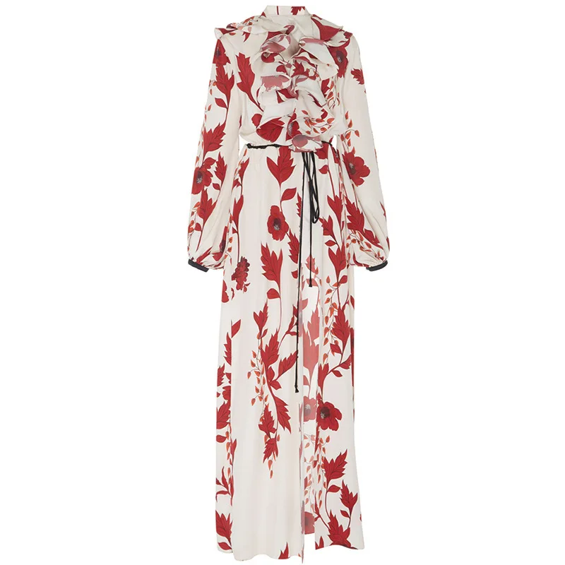 

2019 Autumn New High Street Shirt Dress Fashion High Lantern Sleeve Lotus Leaf Length Dress Woman