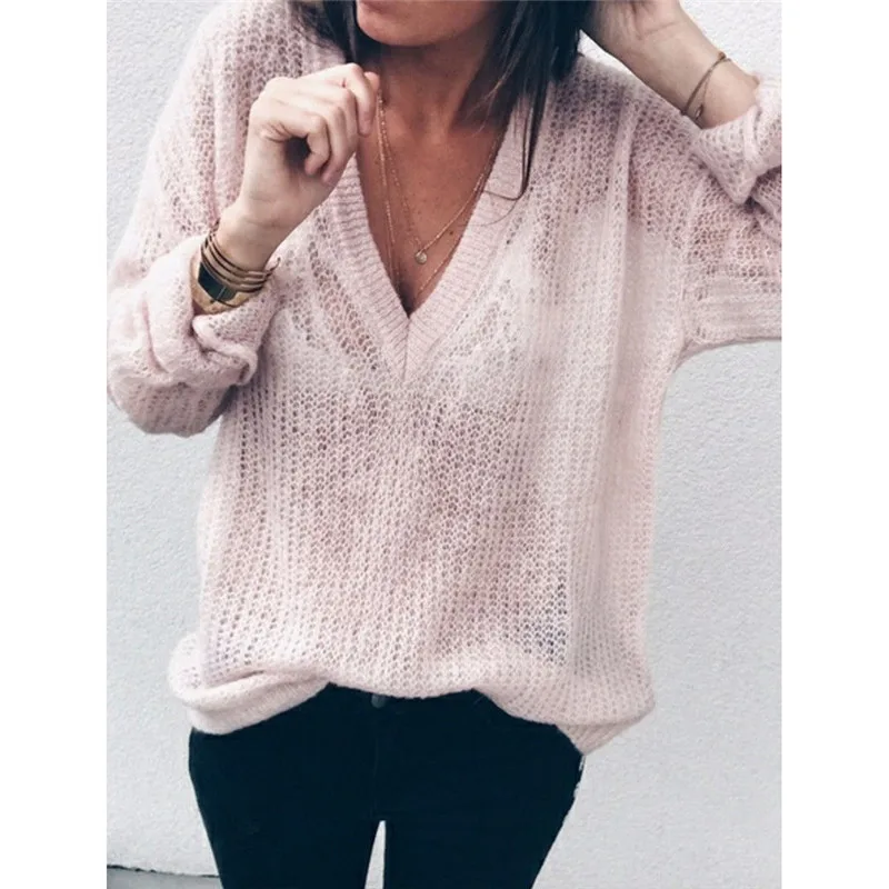 S-5XL Women V-Neck Knitted Sweater 2018 Autumn Thin Solid Long Sleeve Loose Jumper Tops Oversize Pullover Casual Sweaters | Женская