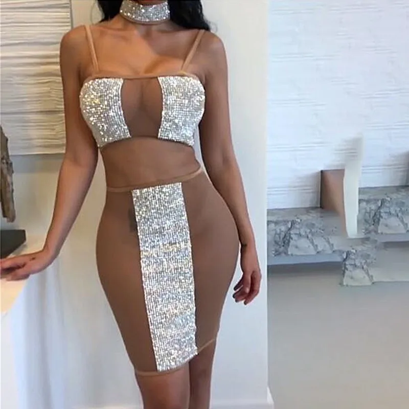 Slaygirl сексуальное платье из двух частей с кристаллами для женщин 2018 мини платья на