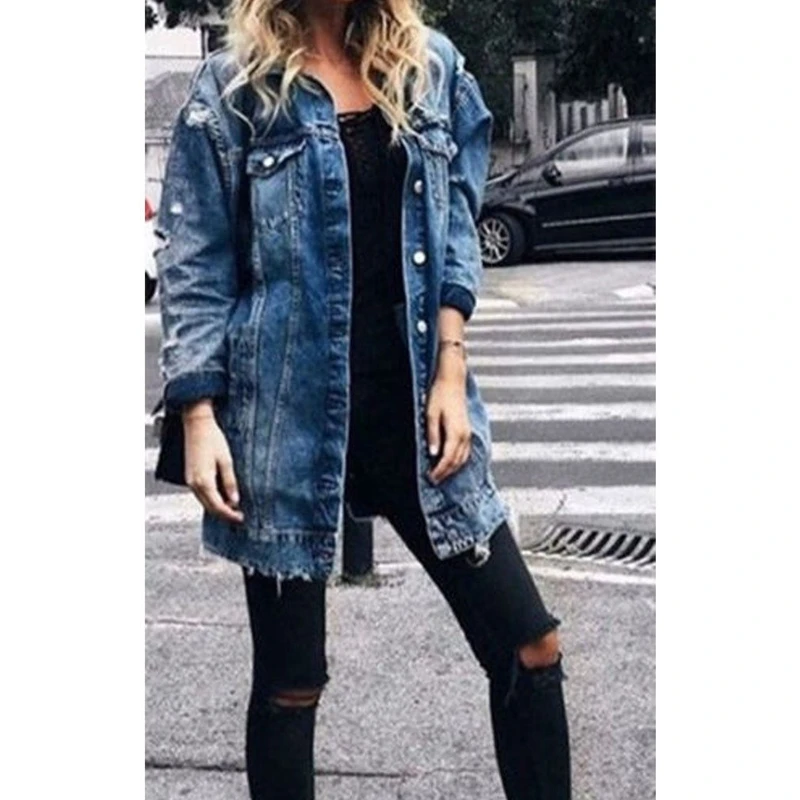 Women Denim Ripped Hole Jeans Buttons Down Long Sleeve Coat Jacket Tops Autumn | Женская одежда