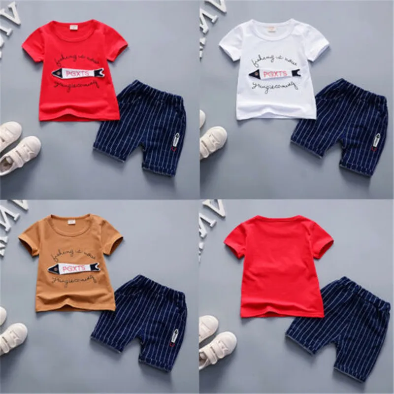 2019 New Baby Kids Clothes Set 2pc/Set Short Sleeves Tshirt White Yellow Red T-Shirt Tops Blue Pants Born Clothing |