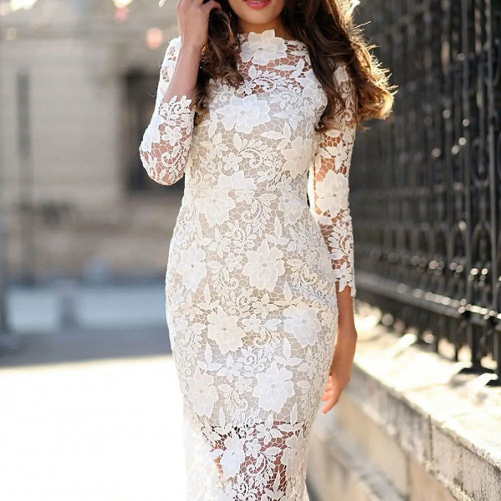 

2019 Fashion Women Long Sleeve Slim Dress Cocktail White Lace Bodycon Dress Ladies Summer Beach Sundress Holiday Pencil Dress