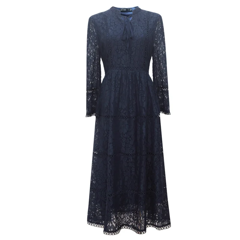 

Deep Blue Color Lace Dress Women 2021 Spring Lace Up V Neck Empire Elegant Dress Plus Size Long Sleeve Party Midi Dress Vestidos