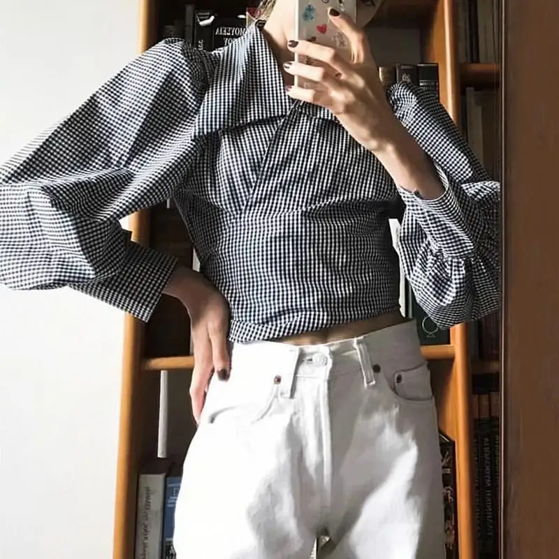 Sexy v-neck plaid crop cotton blouse shirt women Lace up puff sleeve white elegant tops Summer spring ladies top 2019 |