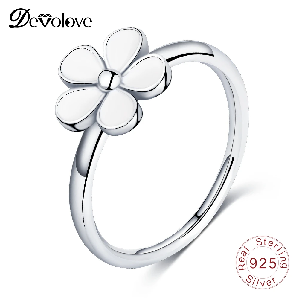 Devolove New 925 Sterling Silver Flower White Enamel Authentic Jewelry Finger Ring For Women Party Gift PSRI0026-B Dropshipping | Украшения