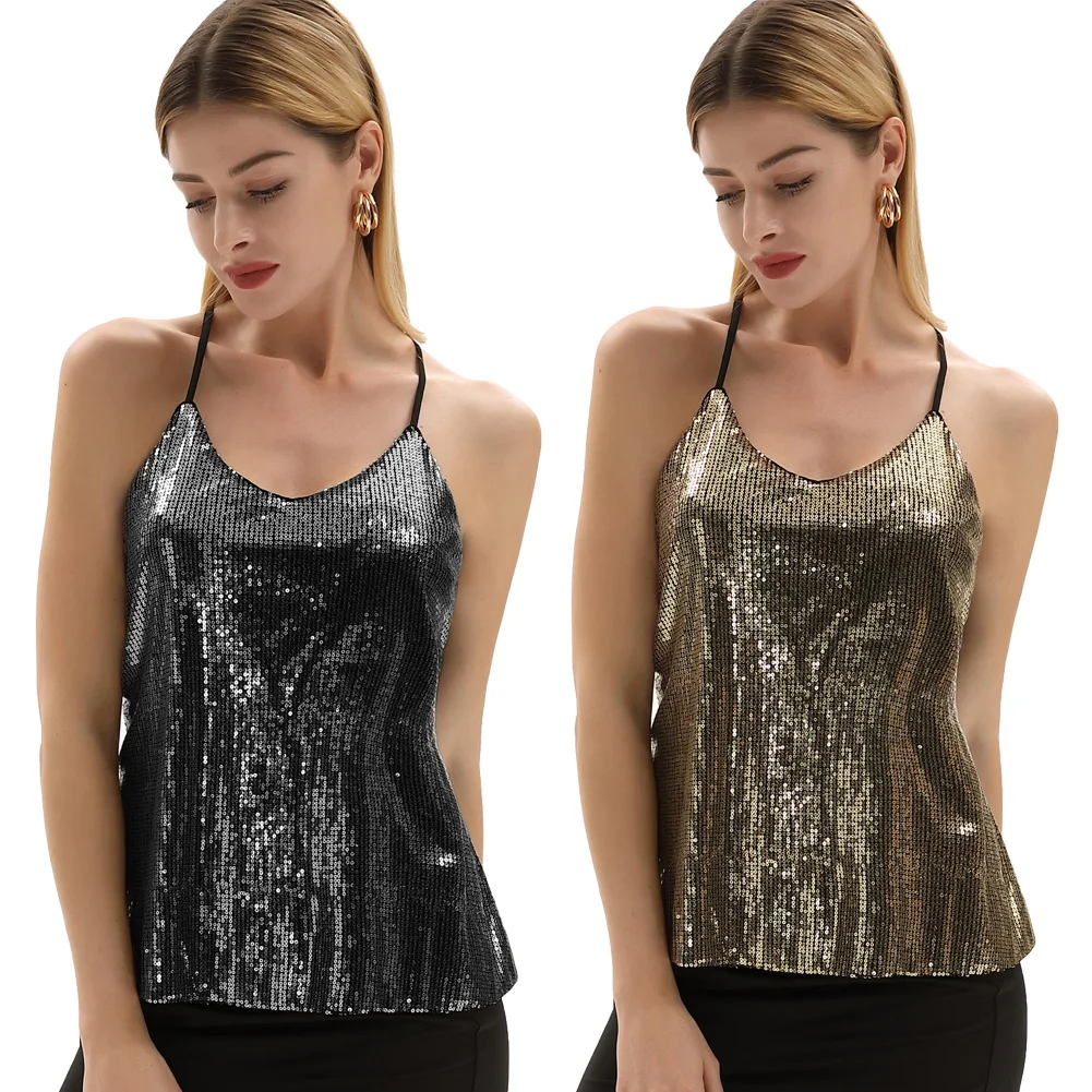 Kate Kasin Sexy Sequin Tops Womens Sleeveless Sparkle Shimmer Camisole Vest Spaghetti Strap Glitter Tank Clubwears | Женская одежда