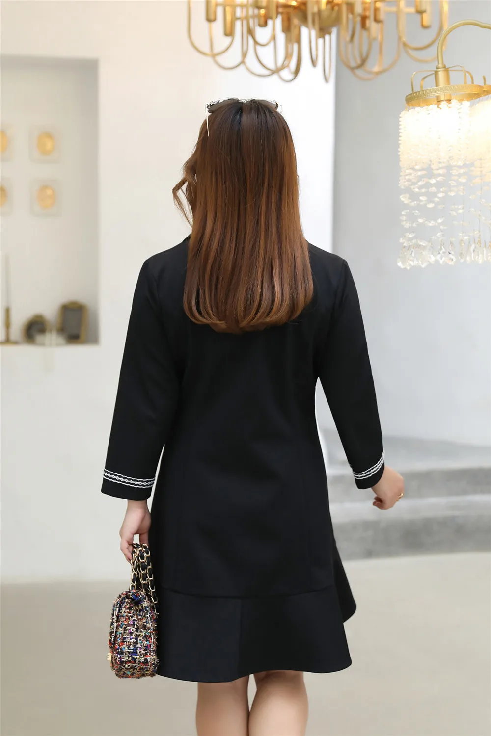 Женское кружевное платье MINSUNDA черное с двойными пуговицами повседневное мини