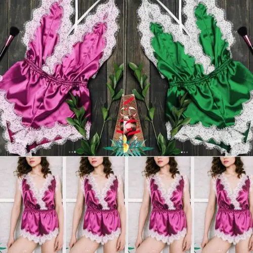 2019 Women Lingerie Deep V Neck Lace Sexy Jumpsuit Babydoll Blue Green Pink Sleepwear Underwear Bodysuit | Женская одежда