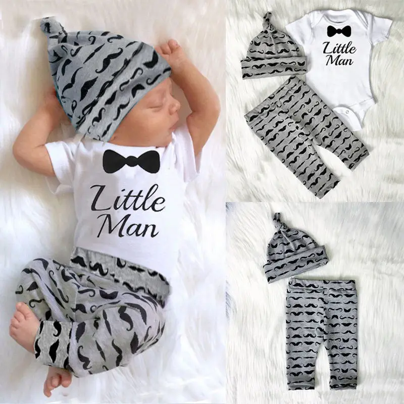 3pcs Newborn Baby Boys Little Man Romper+Pants+Hat Jumpsuit Outfits Set Cotton Clotehs 0-18M |