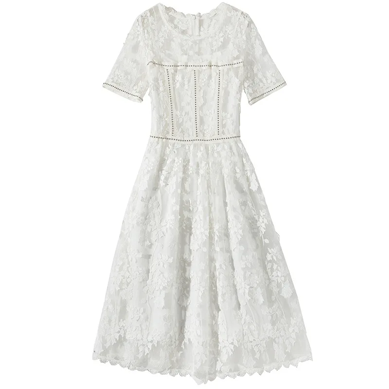Женское кружевное платье с коротким рукавом белое привлекательное Сетчатое