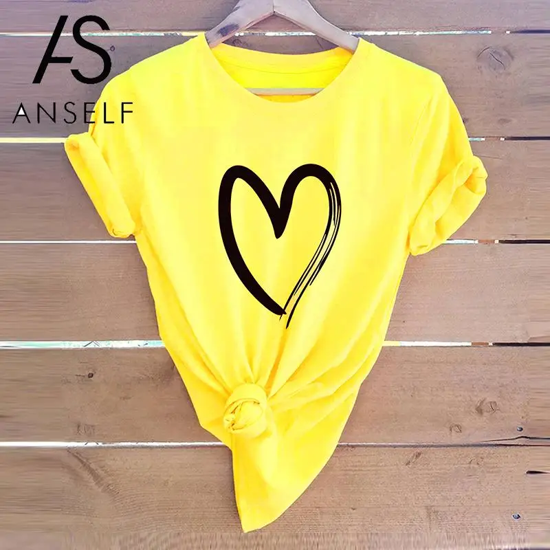 2020 Summer T shirt Women Cotton tshirt 3XL 4XL 5XL Plus Size Shirts Heart Love Print O Neck Short Sleeve Casual Cute Tee Tops | Женская