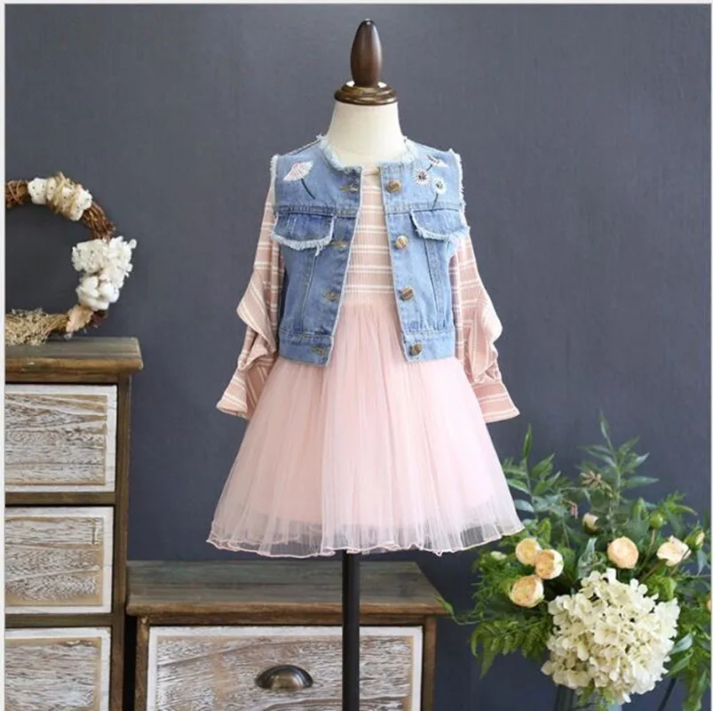 spring girl long sleeve dress pink tulle for kids dresses girl's clothing Denim Vest embroidery flower princess | Детская одежда и