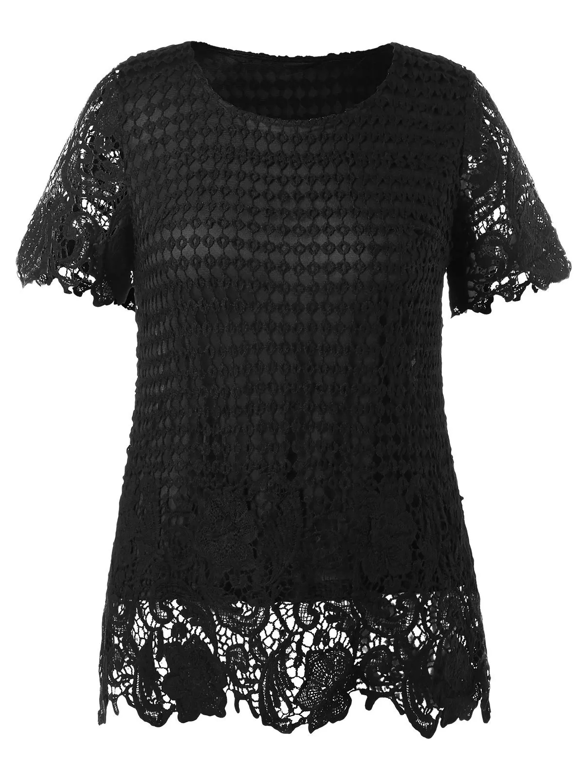 Wipalo Women Plus Size 5XL Crochet Lace Blouse Scoop Neck Short Sleeves Casual Solid Black 2019 Ladies Summer Tops|Блузки| |