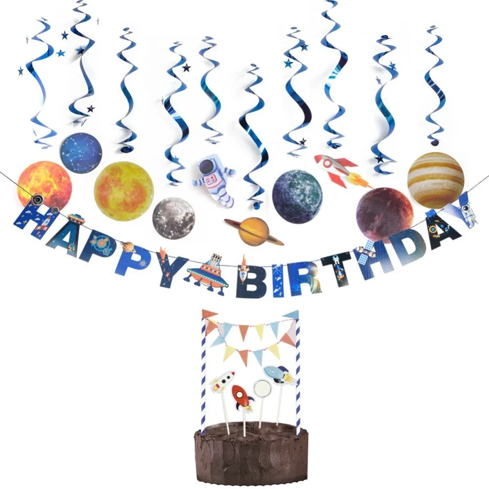 Space Theme Kids Birthday Decorations With Happy Banner Hanging Swirls Cake Topper Planet Pattern Children Home Decor | Дом и сад