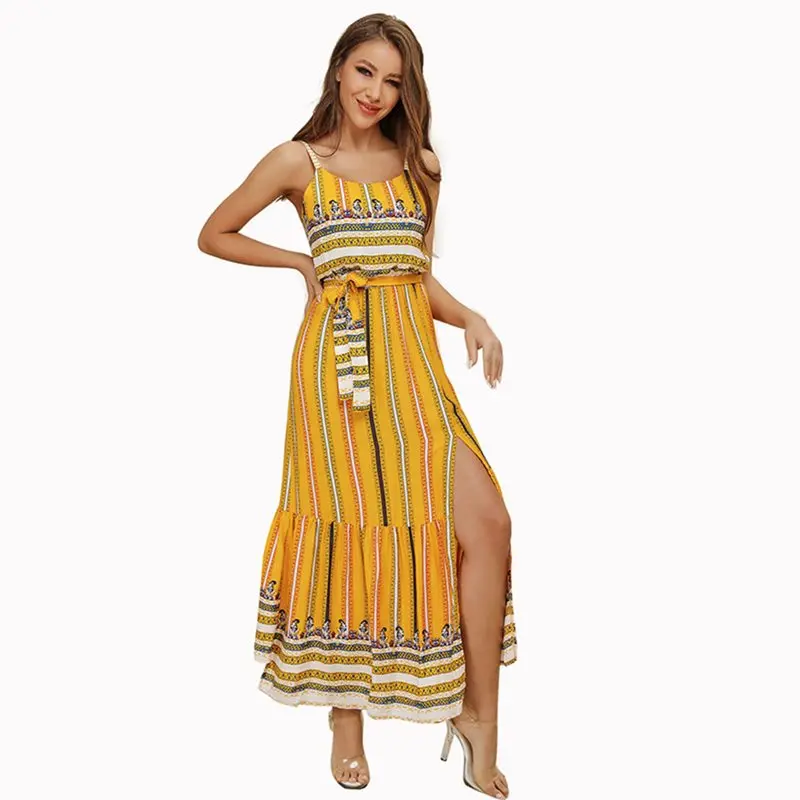 Летнее пляжное платье для женщин Boho в полоску Желтый шик праздник Сексуальная