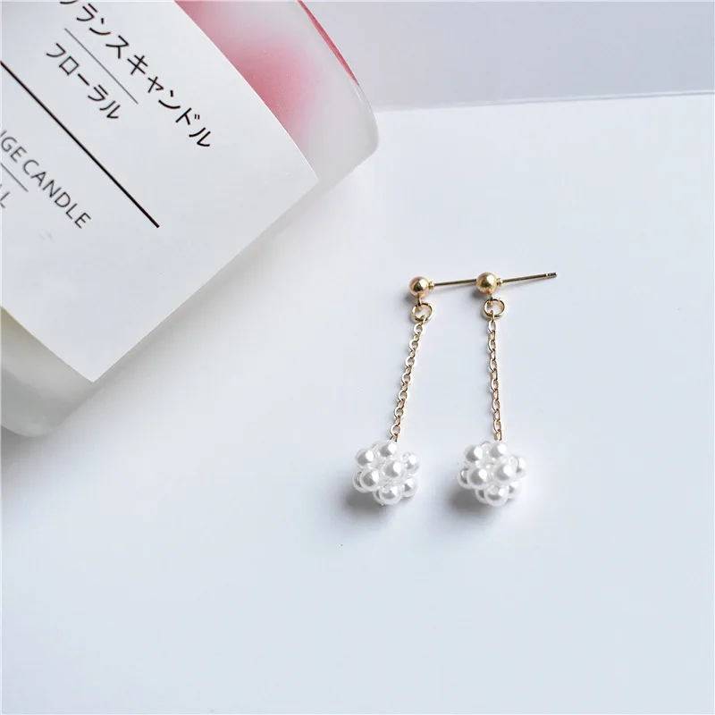 New Fashion Ins Korea Concise Exquisite Temperament Small Hand-twisted Pearl Ball Tassels Long Drop Earrings For Women Jewelry | Украшения