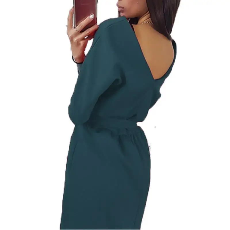 Женское прямое платье с круглым вырезом рукавом 2020 и открытой спиной модель SJ1670C