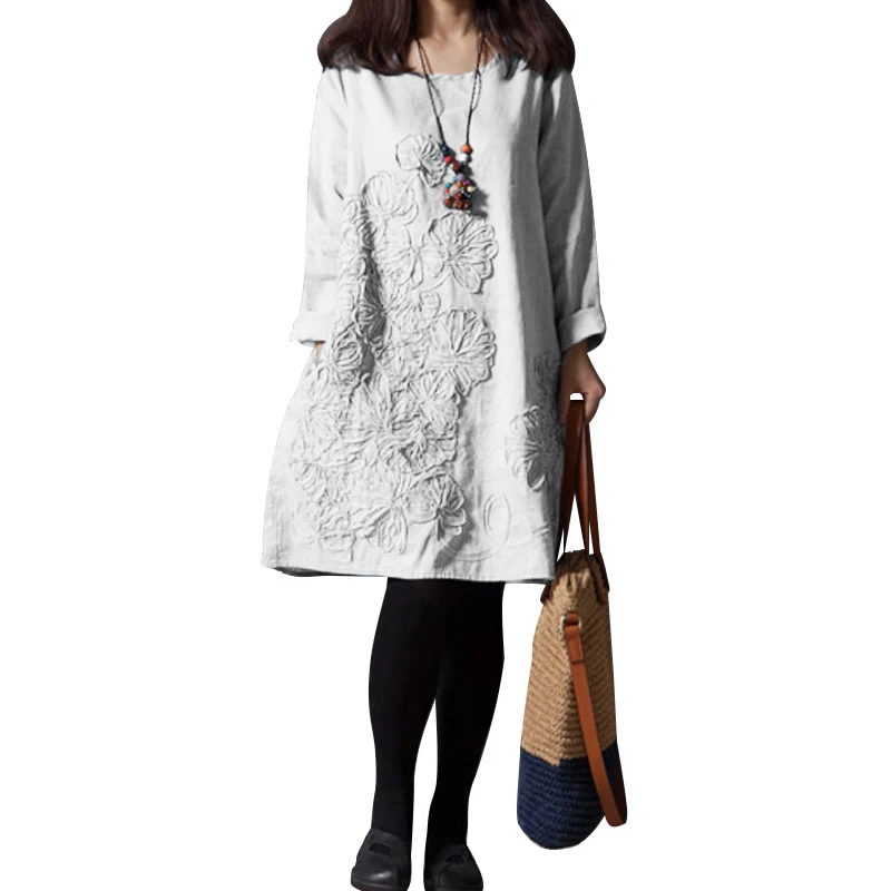 Зимнее женское платье винтажное хлопковое льняное с цветочной вышивкой