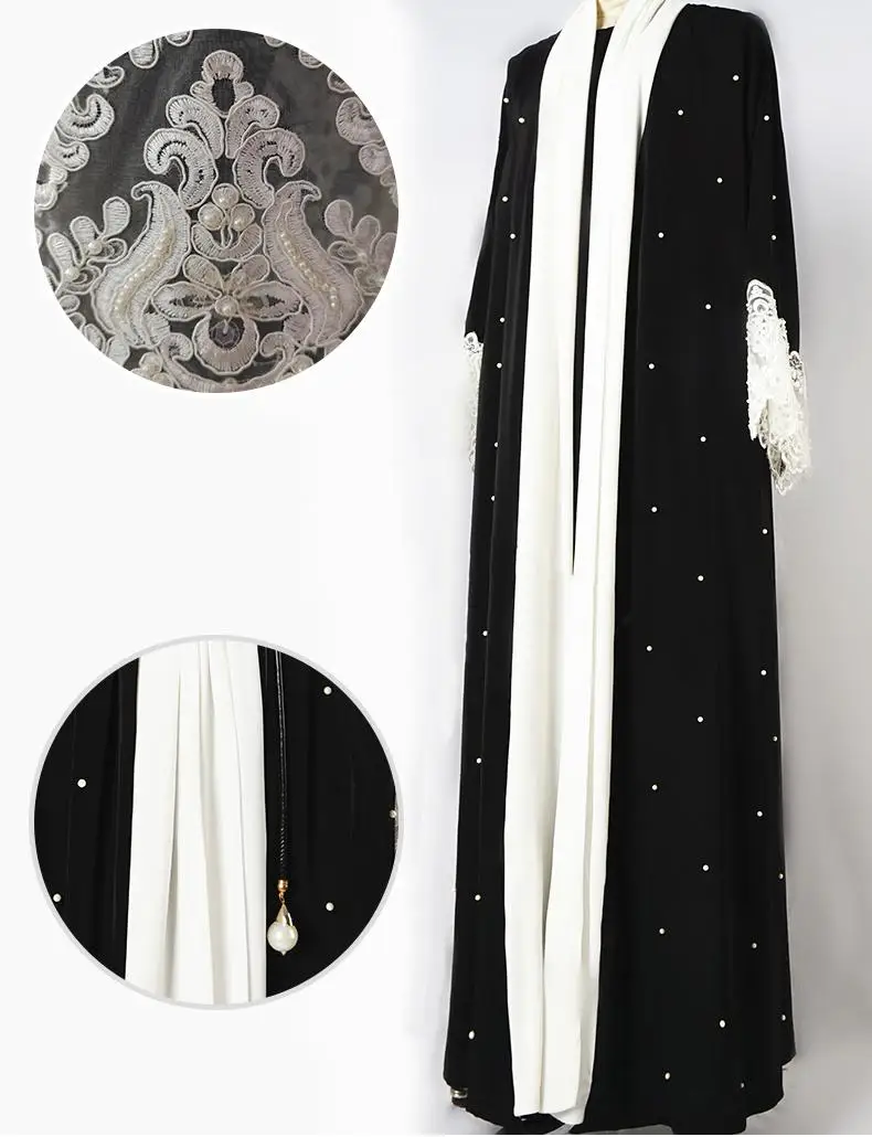 Women Abaya Open Cardigan Lace Cuff Hand Beading Long Dress Muslim Maxi Robe Elegant Party Islamic Clothing Kimono Turkey Tunic |
