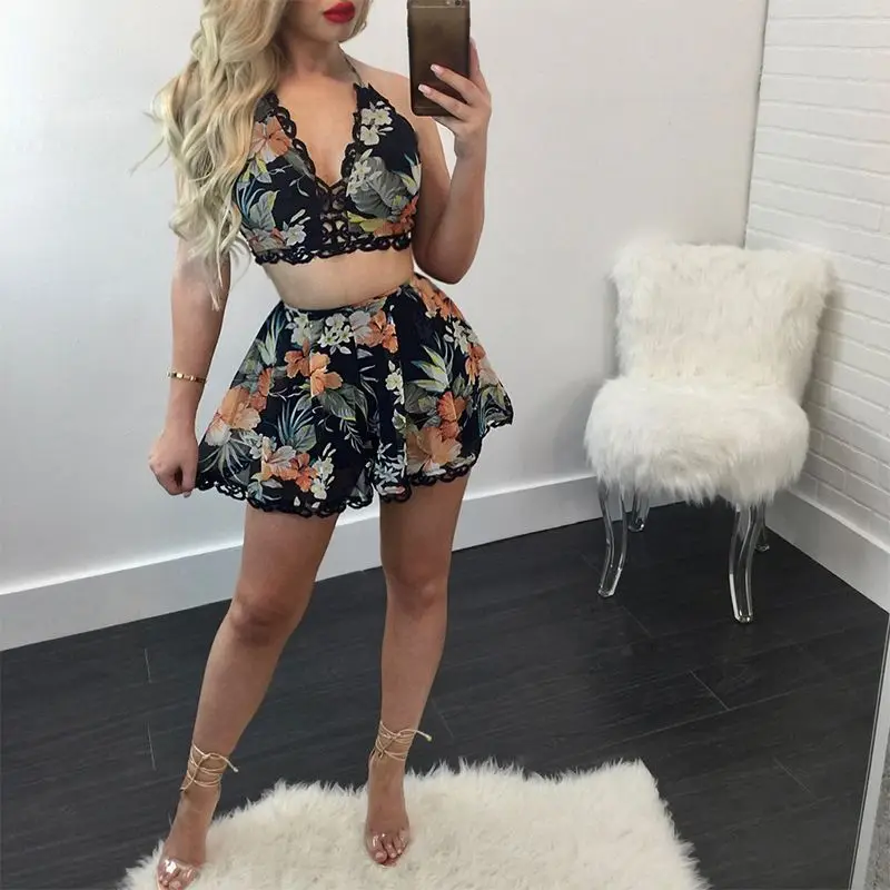 FANCYINN ретро с цветочным принтом комплект из двух предметов летние для женщин Bodycon