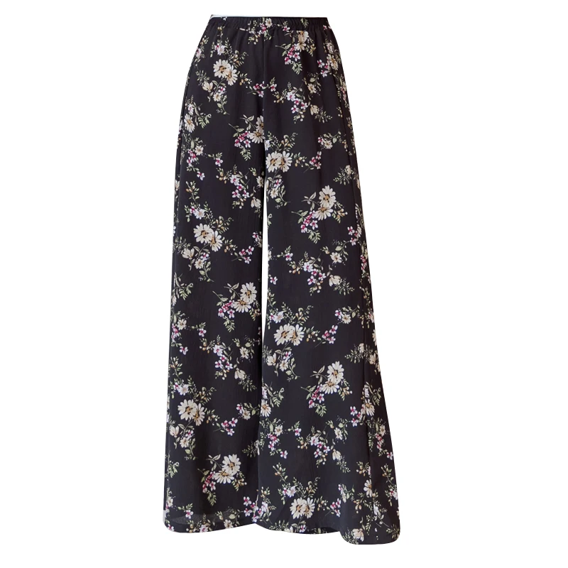 2019 Spring Summer Fashion Female Casual Black Dot Chiffon Wide Leg Pants Women Loose Trousers Elastic High Waist Bohemian | Женская