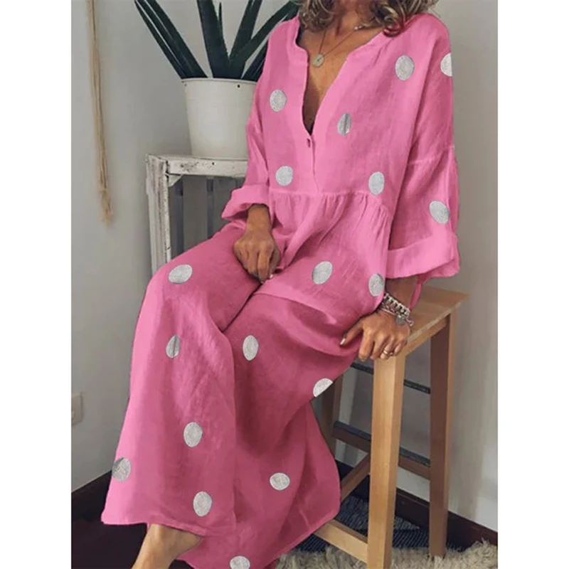 

Polka dot summer dress 2019 Casual loose long sleeve bohemian maxi dress Women sexy v neck boho beach dresses robe vintage femme