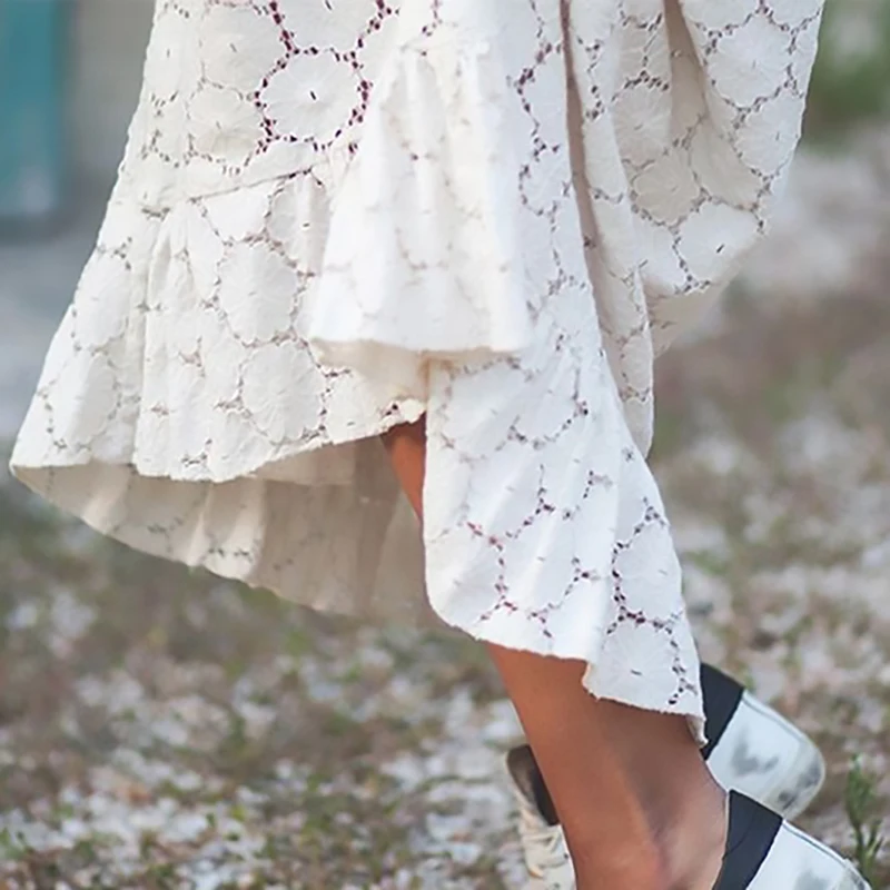 2019 New Spring Summer V-neck Three-quarter Sleeve White Lace Split Joint Loose Big Size Dress Women Fashion Tide R913 | Женская одежда