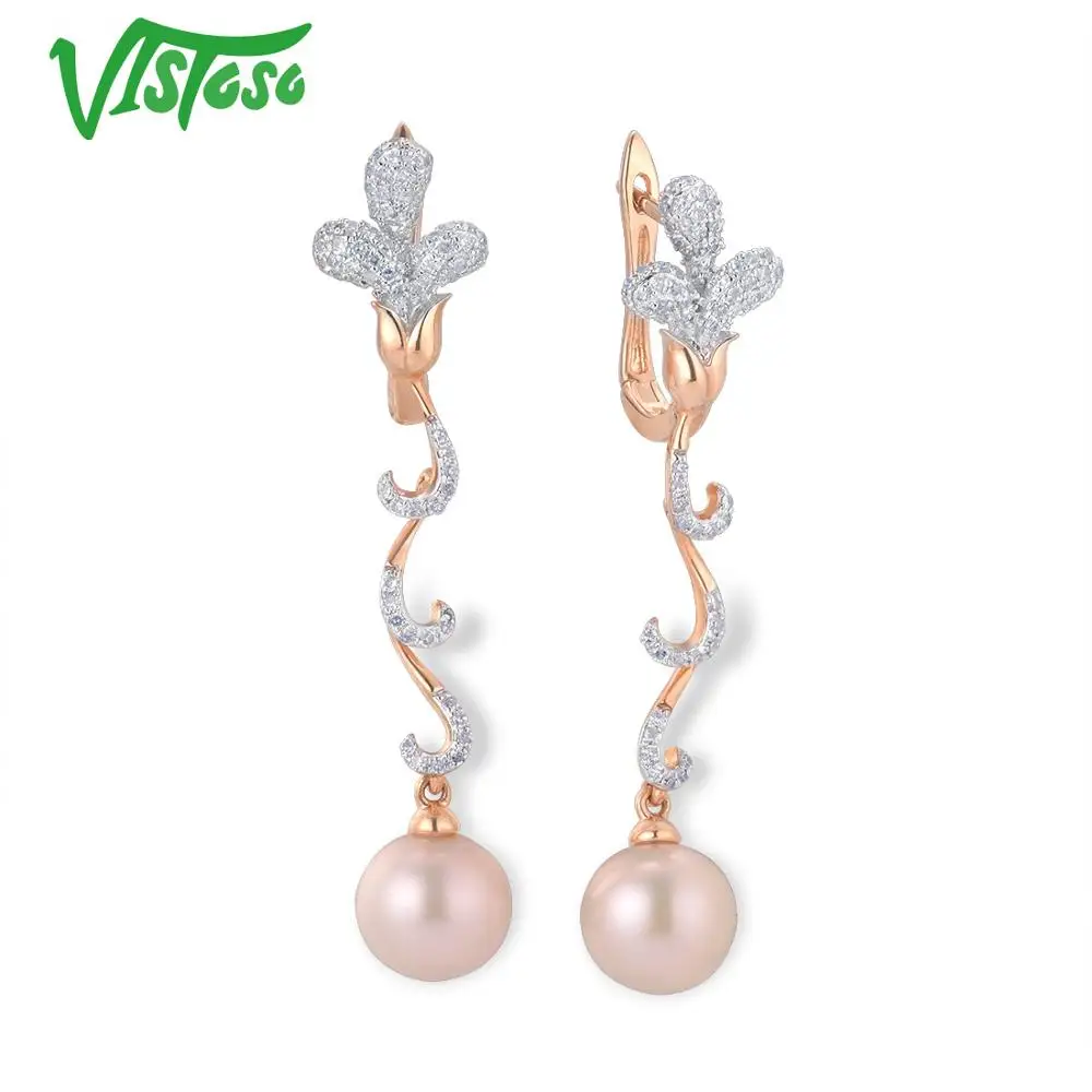 VISTOSO Pure 14K 585 розовое золото сверкающие бриллианты элегантные жемчужные серьги