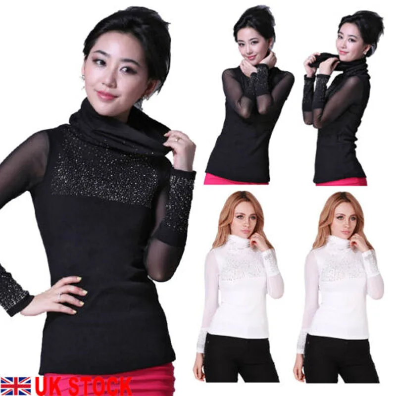 2019 New Brand Fashion UK Women's Sexy Rhinestone Turtle Neck Sweater Long Sleeve Slim Oversize | Женская одежда