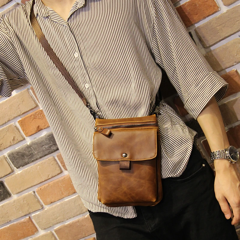 

New Fashion Crazy Horse Leather Vintage Men Crossbody Bag Small Messenger Bag Single Shoulder Bag Soft Leather Cell Phone Case