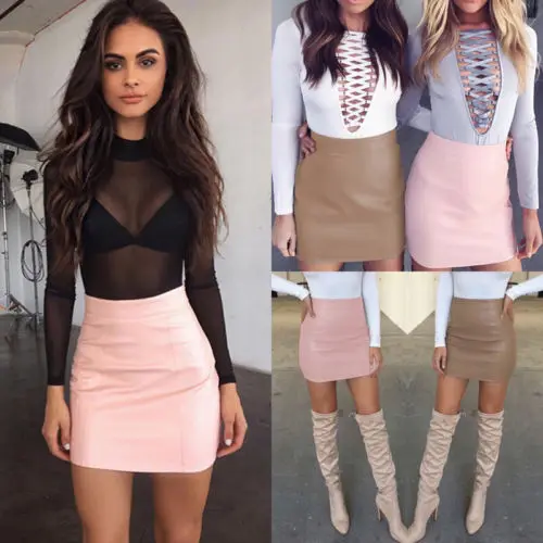 

2019 Women Ladies Solid Slim Sexy Bandage PU Leather High Waist Pencil Bodycon Hip Short Mini Skirt