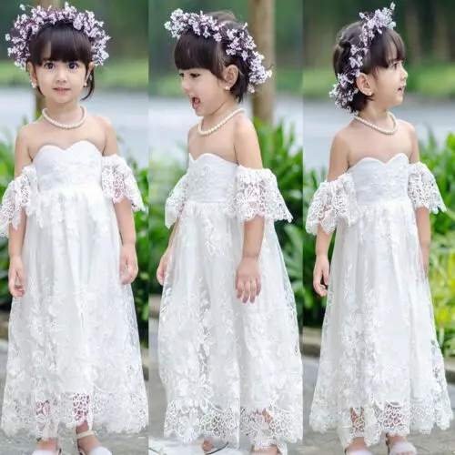 2019 Brand Princess Kids Baby Girls Lace Long Dress New Summer Off Shoulder Flower Pageant Party Bridesmaid Formal | Детская одежда и