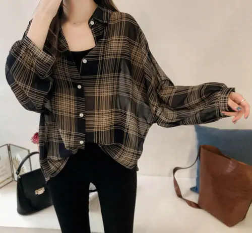 

Women Casual Button Plaid Shirts Long Sleeve Ladies Loose Blouse Tops Plus Size