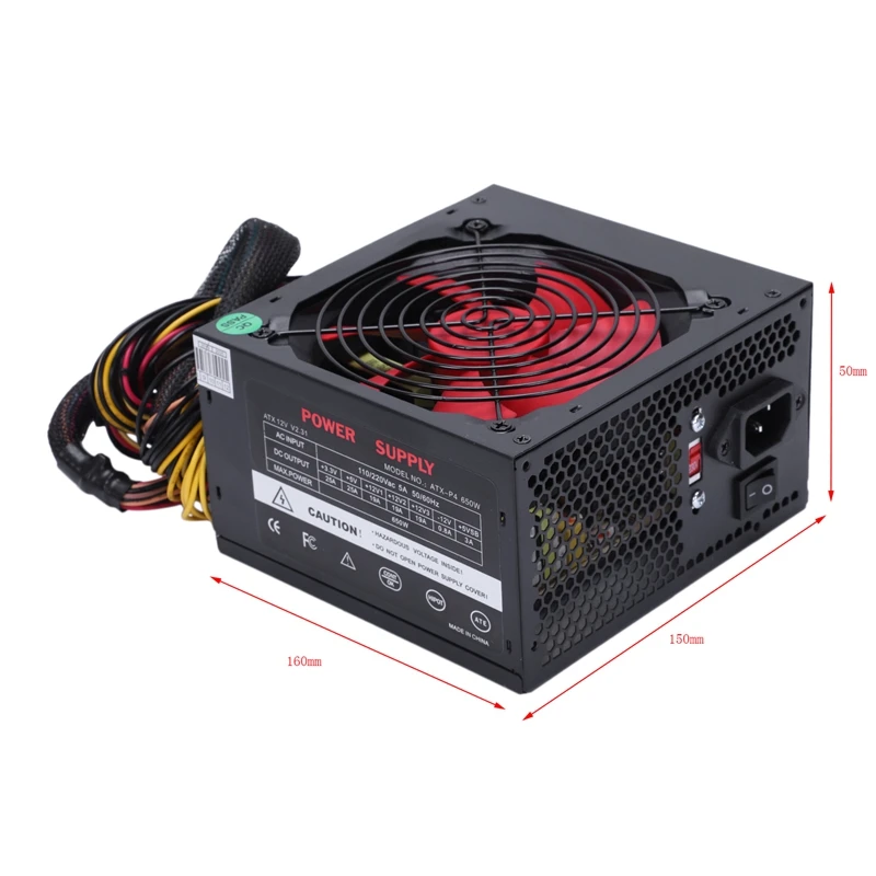 170-260 В Макс 650 Вт блок питания Psu Pfc красный 12 см тихий вентилятор 24Pin 12В ПК