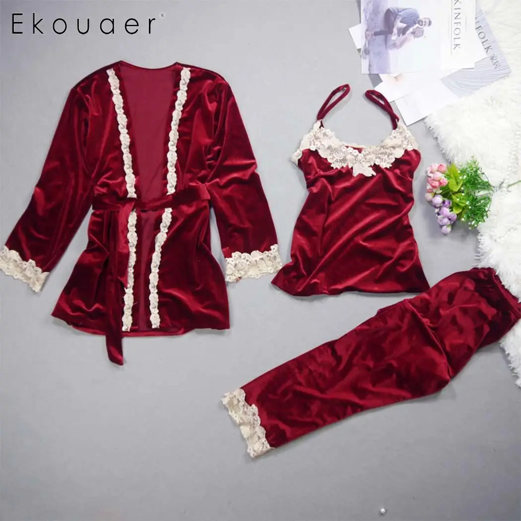 Ekouaer бархатные пижамные комплекты из 3 предметов халаты женский сексуальный