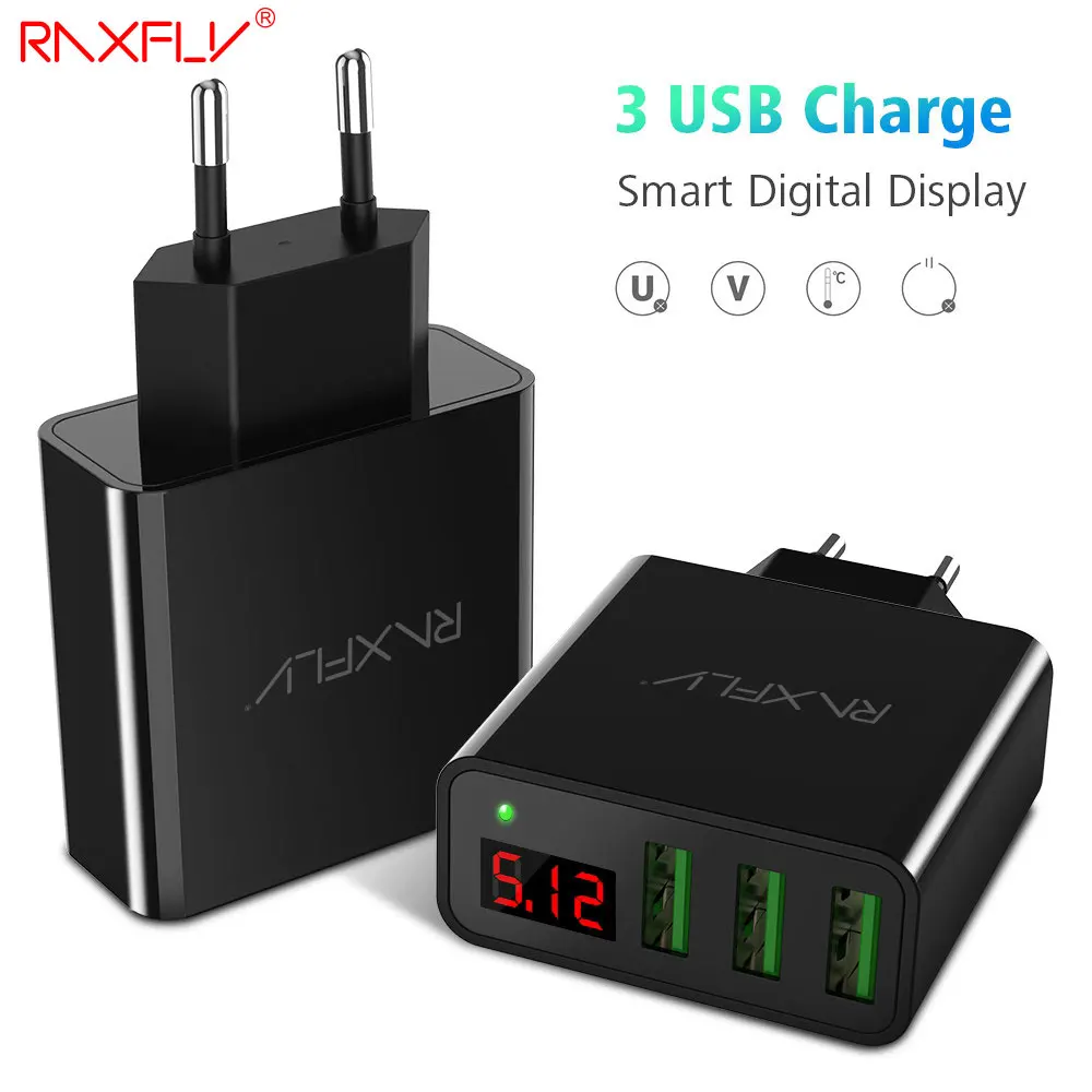 Фото RAXFLY 3 порта USB быстрое зарядное устройство для iPhone 7 6 8 5V 3A LED дисплей Универсальное