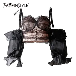 Женская кружевная рубашка TWOTWINSTYLE, укороченный топ без рукавов с открытыми плечами и рукавами-фонариками, весна 2020