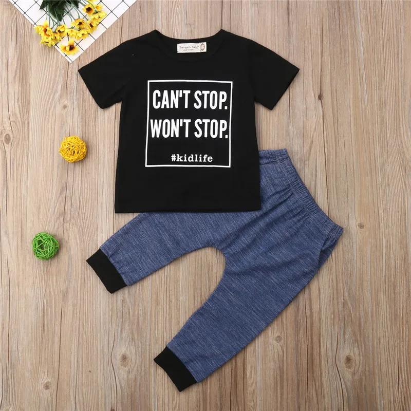 2-6T 2019 Boys Clothes Set Black Short Sleeve Tshirt Letter Print T-Shirts Tops Blue Knit Long Pants Outfits For Kids Girls | Детская