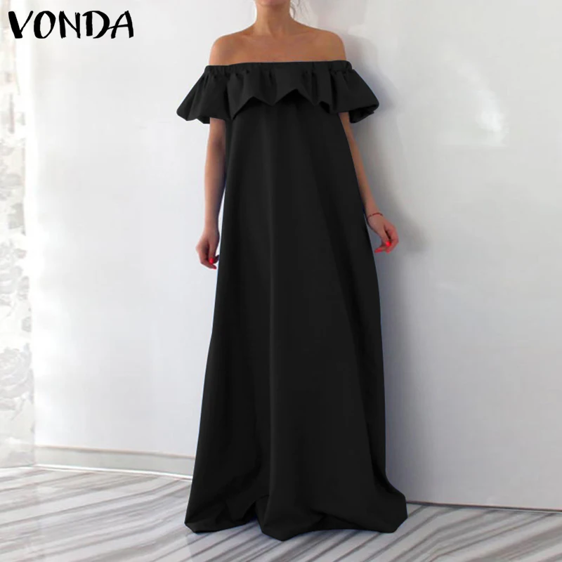 VONDA S-5XL Women Sleeveless Dress Summer 2020 Sexy Off The Shoulder Ruffle Maxi Solid Floor-Length Vestido Oversized | Женская одежда