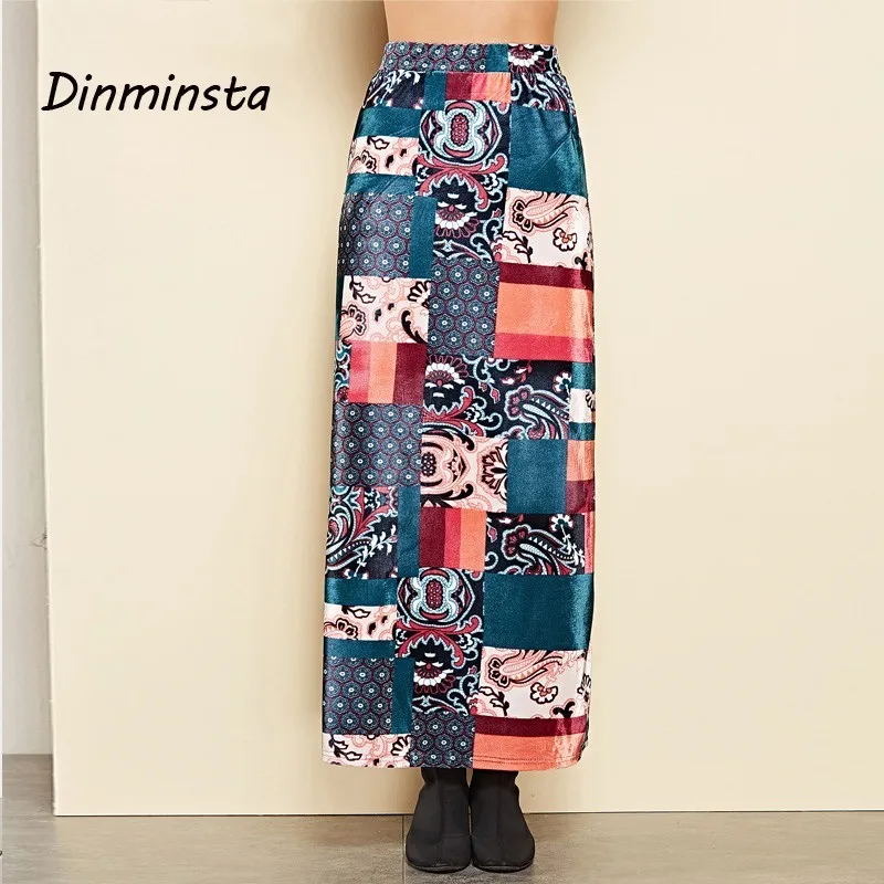 Dinminsta Women Bohemian Fashion Plaid Print Velvet Long Skirt Female Spring Casual Straight Elastic High Waist Maxi Skirts 2019 | Женская