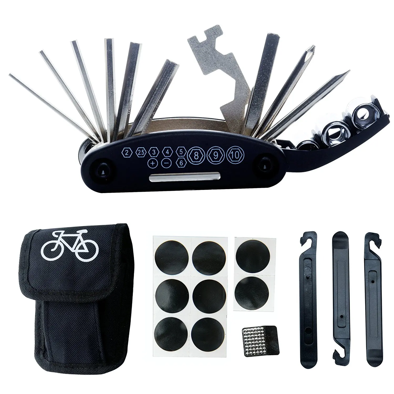 SEWS-Bike Repair Tool Kits - 16 in 1 Multifunction Bicycle Mechanic Fix Tools Set Bag with Tire Patch Levers | Спорт и развлечения