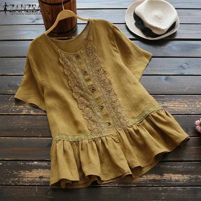 ZANZEA 2021 Summer Vintage Tops Women Short Sleeve Ruffles Blouse Casual Buttons Down Solid Shirt Femme Lace Blusas Top | Женская одежда