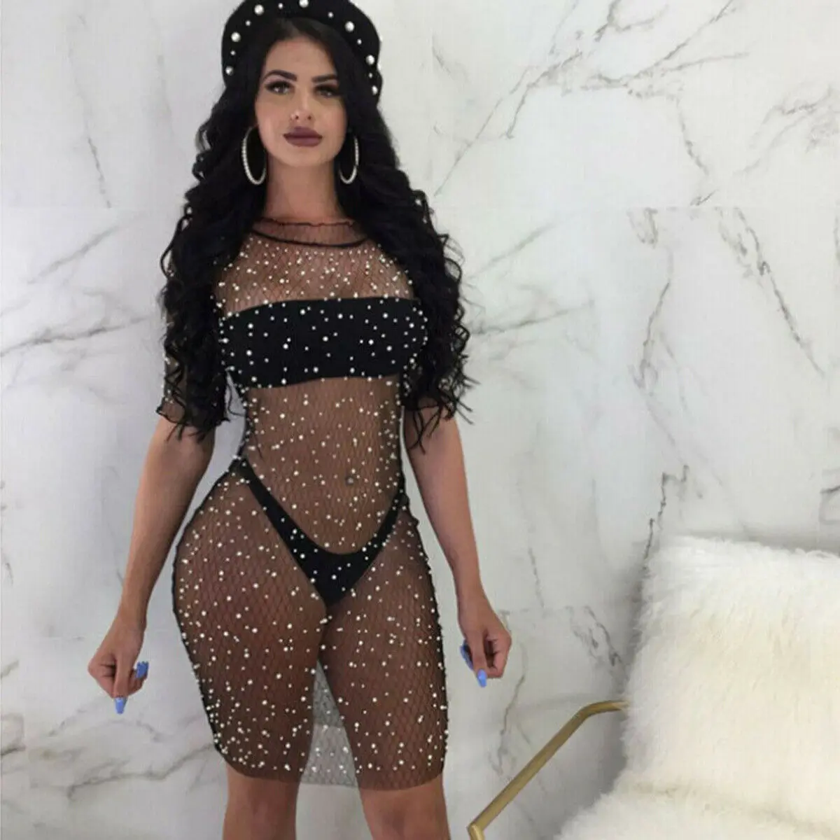 Женский купальник-бикини вязаная накидка пляжное платье Сетчатое с блестками и